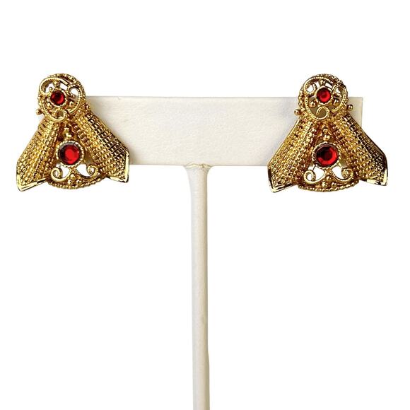 Vintage Earrings Red Rhinestones Gold Tone Intricate Detail Texture Pierced Post - Picture 3 of 8